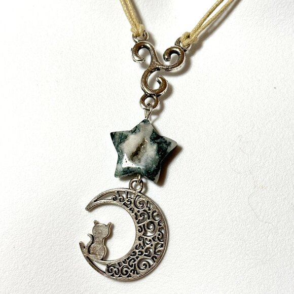 2/$20, Tree Agate Star & Cat on the Moon Necklace, Genuine Gemstone Lariat - Picture 1 of 12